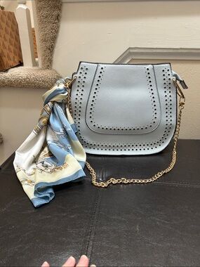 NWOT Franco Sarto Perforated Light Blue Bag w/ Gold Chain w/ free scarf gift
